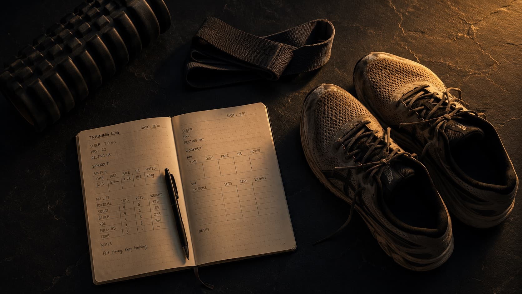A training log notebook, foam roller, resistance band, and running shoes on dark slate